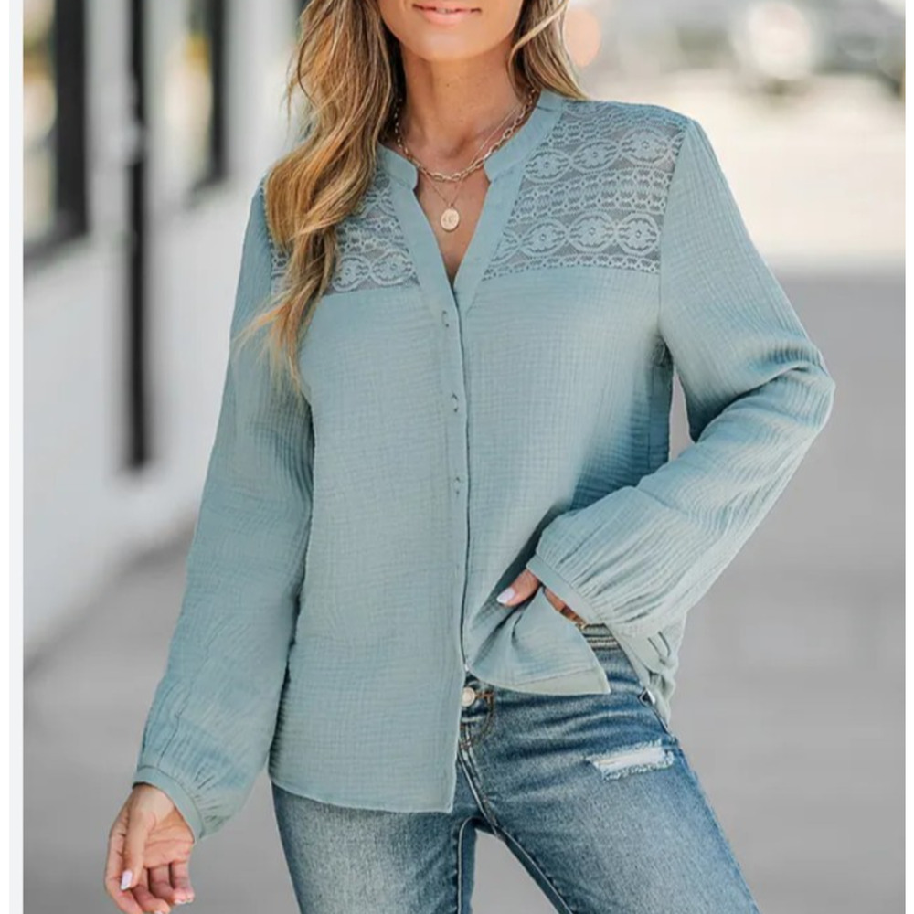 Womens Long Sleeve Floral Lace Gauze Shirt Blue XL 16 Beach Cover Up Vacation